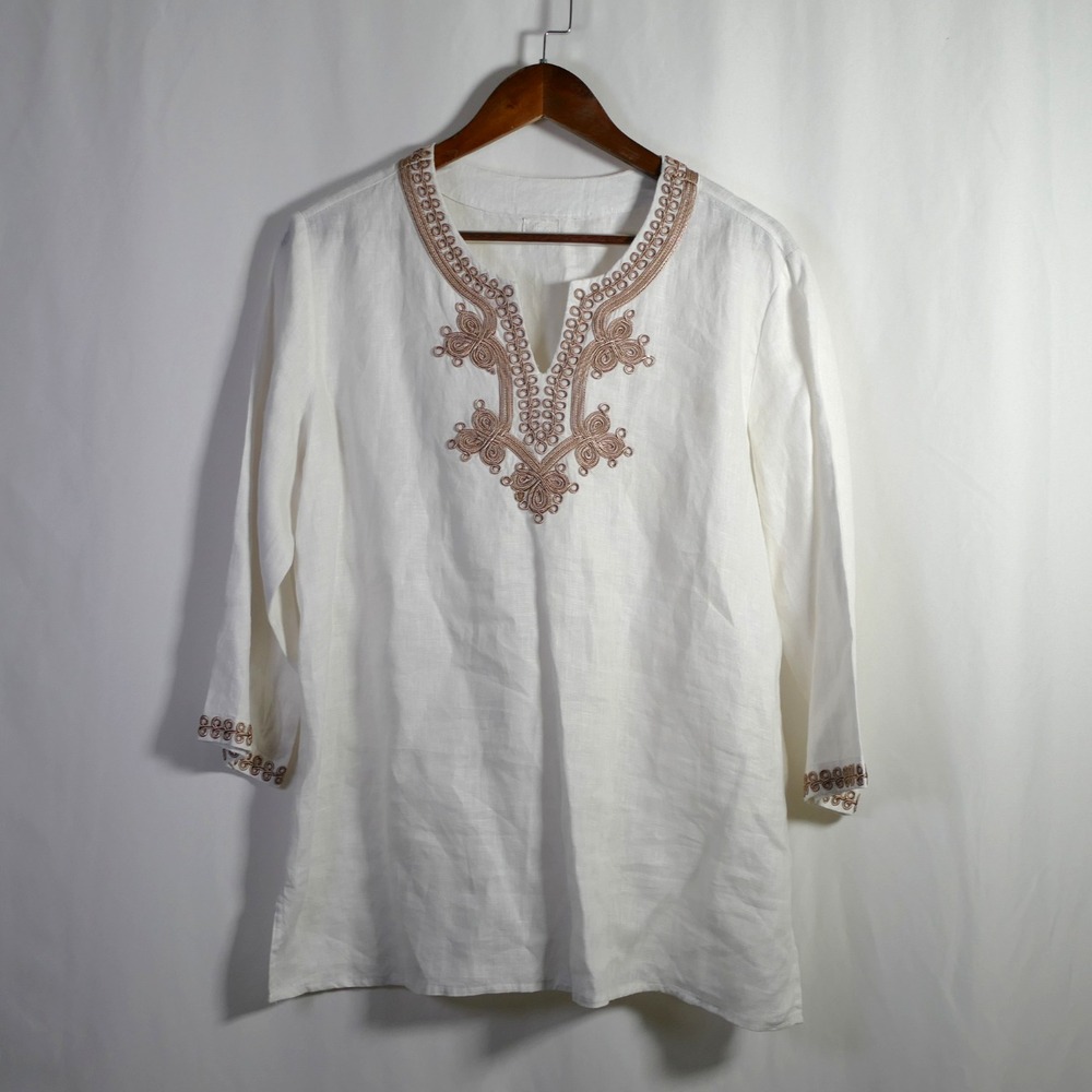 Symple NYC Womens Boho Embroidered Linen Top Size L Coastal Lagenlook Oversized